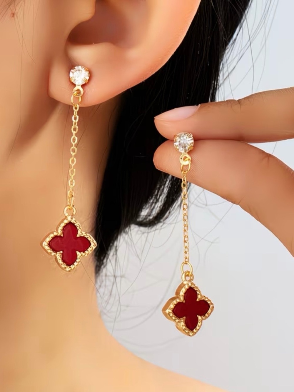 Kohl's Gold Drop Earrings with Red Clover Charm and Crystal Stud